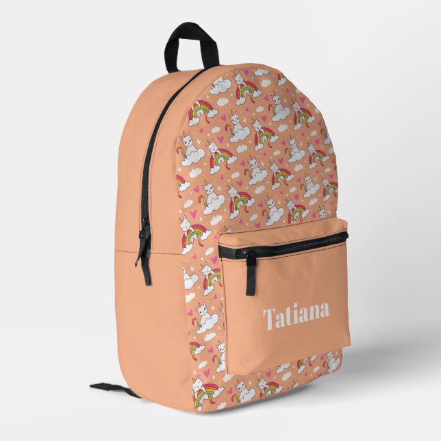 Unicorn cat animals on rainbows pattern printed backpack (Back Corner Left)
