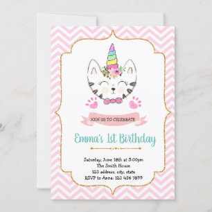 Unicorn cat birthday invitation