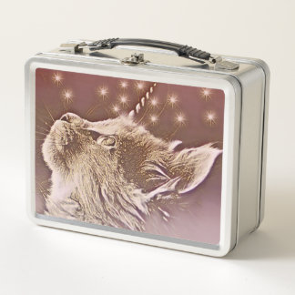 Unicorn Cat Caticorn Pink and Gold Metal Lunch Box