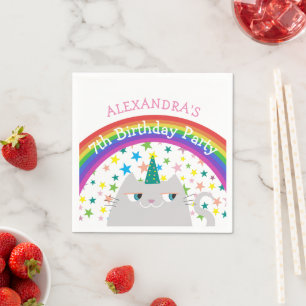 Unicorn Cat Rainbow Kids Birthday Napkin