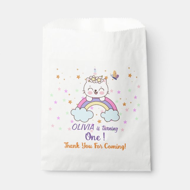 Unicorn Cat Rainbow Pastel Stars 1st Birthday  Favour Bag (Front)
