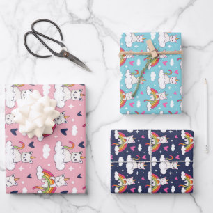 Unicorn Cat Rainbow Pattern Cute Valentine's Day Wrapping Paper Sheet
