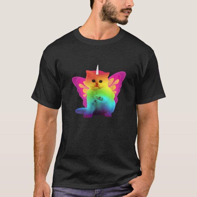 Unicorn Cat With Rainbow Butterfly Wings Men Women T-Shirt (Front)