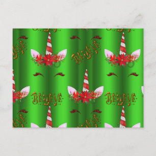 Unicorn Christmas Believe Green Postcard