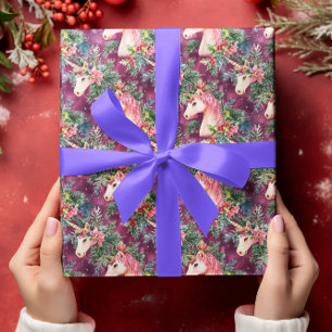 Unicorn Christmas Holiday Floral Wrapping Paper