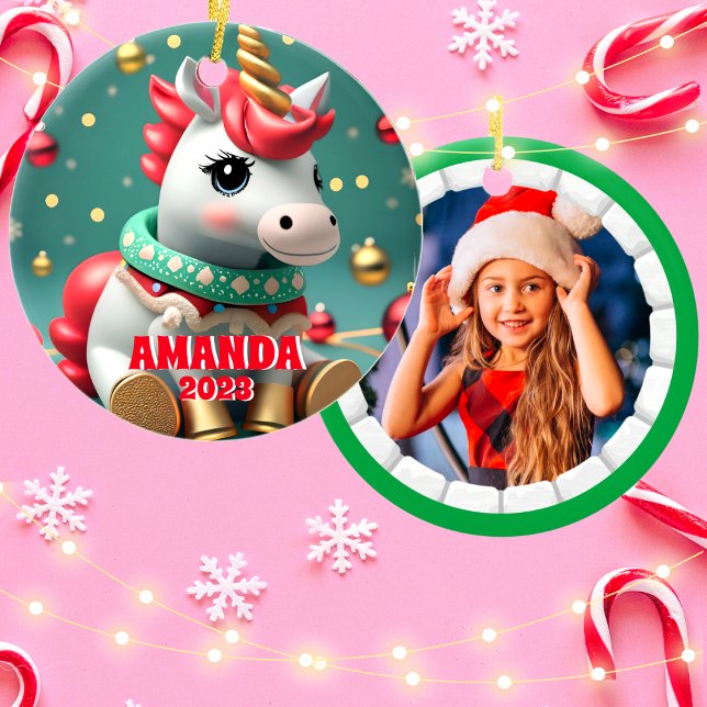 Unicorn Christmas Personalised Kids Photo Ceramic Ornament (Creator Uploaded)