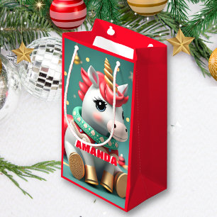 Unicorn Christmas Personalised Kids Red Small Gift Bag