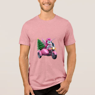 Unicorn Christmas Tree Riding Motorcycle Women Kid Tri-Blend Shirt