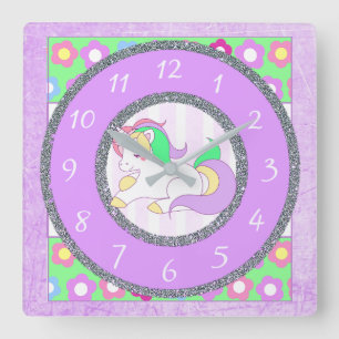 Unicorn Clock with purple and green flowers