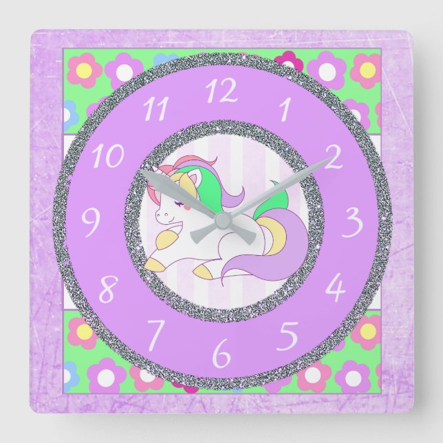 Unicorn Clock with purple and green flowers (Front)