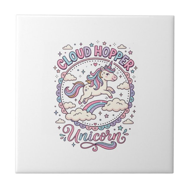 Unicorn Cloud Hopper Unicorn Playful Cute Gift Des Ceramic Tile (Front)