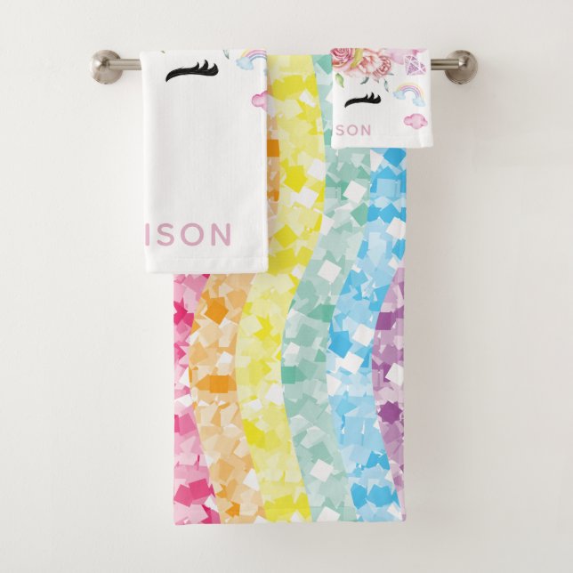 Unicorn Colourful Personalised Glitter Bath Towel Set (Insitu)