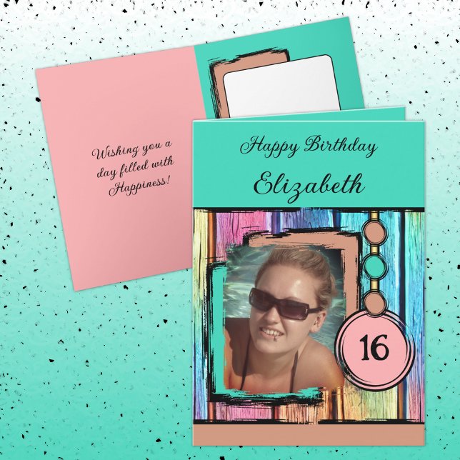 Unicorn colours faux wood add photo 16th birthday card (Creator Uploaded)