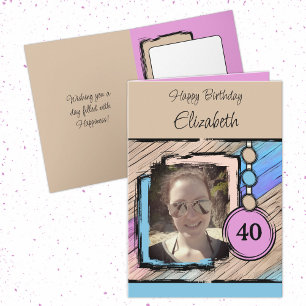 Unicorn colours faux wood add photo 40th birthday card