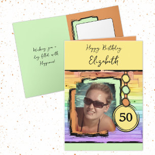 Unicorn colours faux wood add photo 50th birthday card