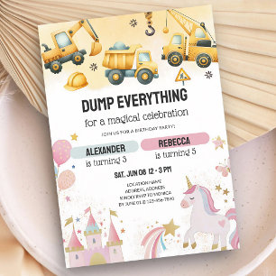 Unicorn Construction Sibling Birthday Invitation