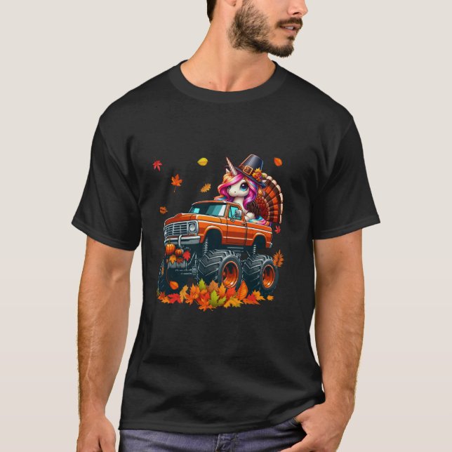 Unicorn Cosplay Turkey On Monster Truck Thanksgivi T-Shirt (Front)