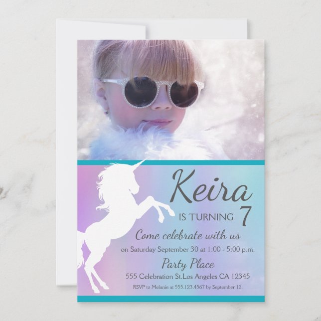 Unicorn, cotton candy colours, custom photo invite (Front)