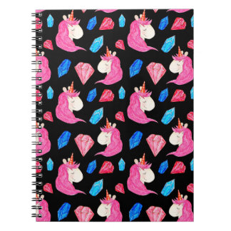 Unicorn, crystals: magical watercolor pattern. notebook