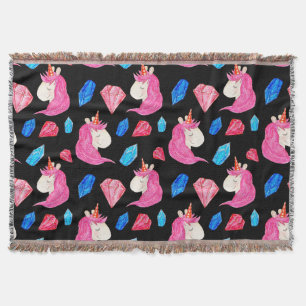 Unicorn, crystals: magical watercolor pattern. throw blanket