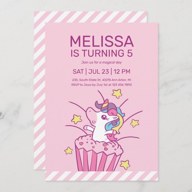 Unicorn Cupcake Pink Kids Birthday Invitation (Front/Back)