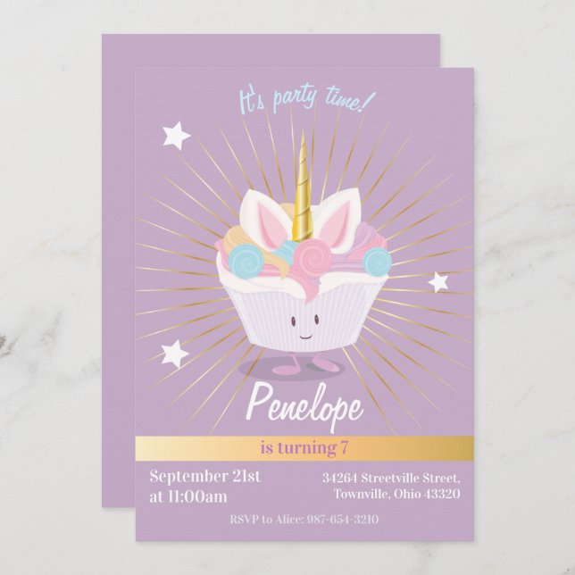 Unicorn Cupcake with stars | Birthday Invitation (Front/Back)