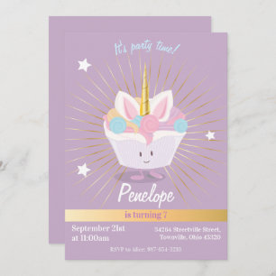 Unicorn Cupcake with stars   Birthday Invitation