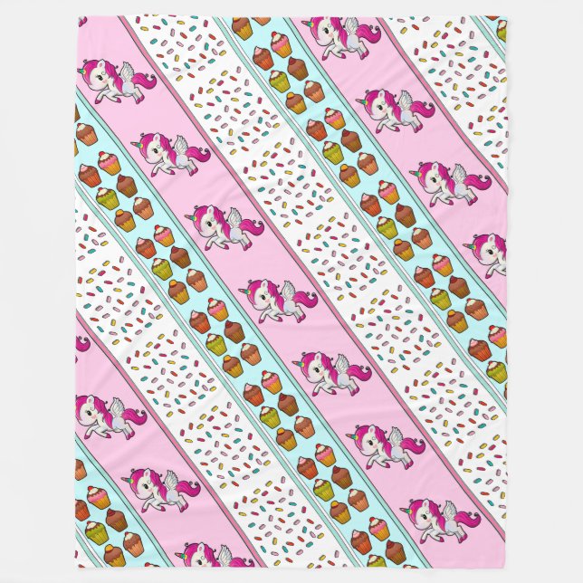 Unicorn, Cupcakes and Sprinkles Cute pink girl's Fleece Blanket (Front)