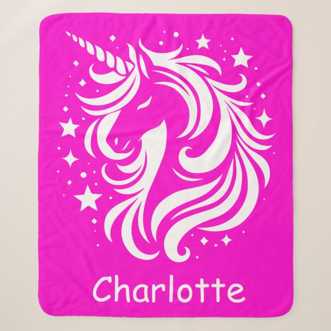 Unicorn Custom Name Fuchsia Sherpa Blanket (Front)