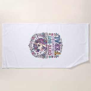 Unicorn Cute but Slightly Feral White Background C Beach Towel
