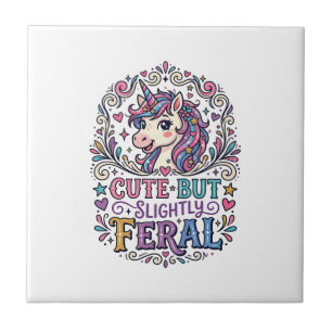 Unicorn Cute but Slightly Feral White Background C Ceramic Tile