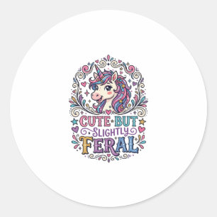 Unicorn Cute but Slightly Feral White Background C Classic Round Sticker
