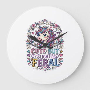 Unicorn Cute but Slightly Feral White Background C Large Clock
