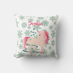 Unicorn Cute Girl Snowflakes Pink Cushion