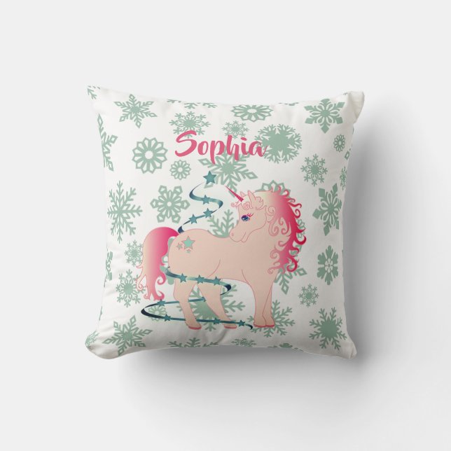 Unicorn Cute Girl Snowflakes Pink Cushion (Front)