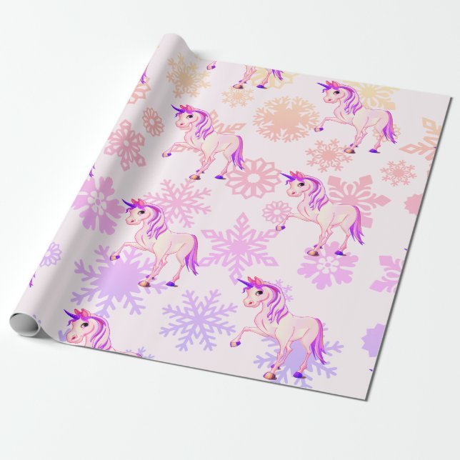 Unicorn Cute Girl Whimsical  Pink  Snowflakes Wrapping Paper (Unrolled)