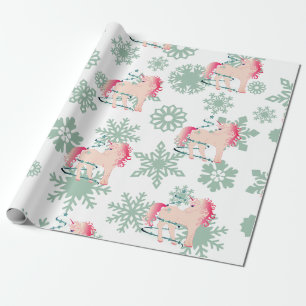Unicorn Cute Girl Whimsical Snowflakes Wrapping Paper