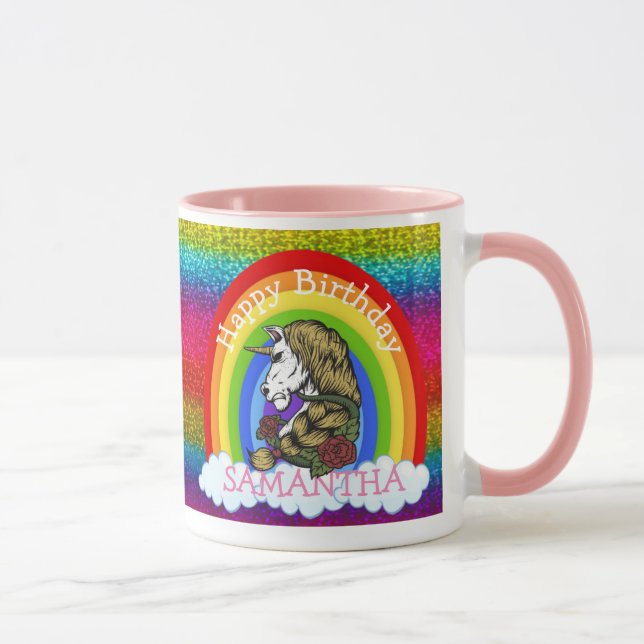 Unicorn Cute Happy  BIRTHDAY Rainbow Glitter Mug (Right)