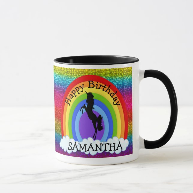 Unicorn Cute Happy  BIRTHDAY Rainbow Glitter Mug (Right)