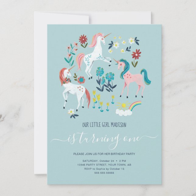 Unicorn cute magical girls first birthday party invitation (Front)