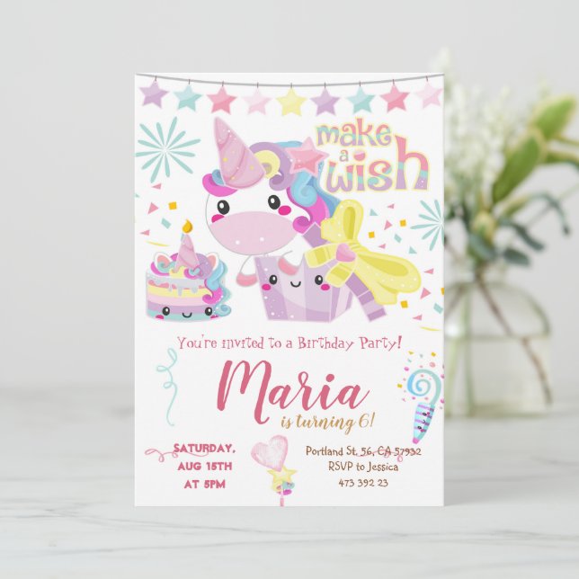 Unicorn Cute Pastel Birthday Invitation  (Standing Front)