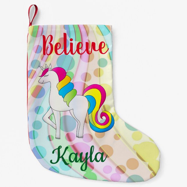 Unicorn Cute Rainbow Believe Add Name Small Christmas Stocking (Front)