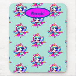 Unicorn cute super girl green navy text  mouse pad