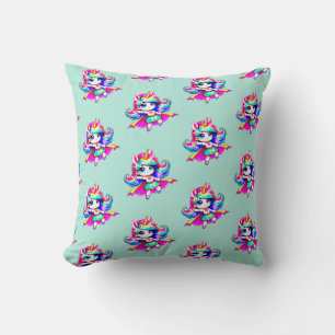 Unicorn cute super girl green navy text T-Shirt Cushion