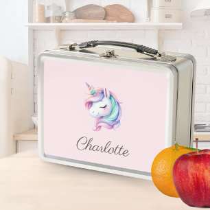 Unicorn Cute Watercolor Personalized Name Metal Lunch Box