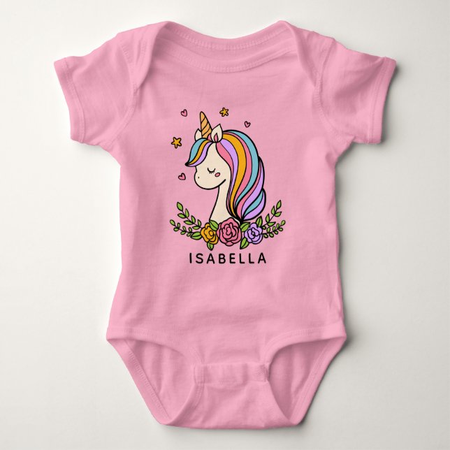 Unicorn Cute Whimsical Girly Personalised Name Baby Bodysuit (Front)