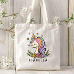 Unicorn Cute Whimsical Girly Personalised Name Tote Bag<br><div class="desc">Unicorn Cute Whimsical Girly Pink Floral Personalised Name Tote Bag features a cute unicorn with stars,  hearts and flowers. Perfect for back to school,  book bags for girls,  birthday party gifts and favours,  personalised Christmas gifts for girls and more. Designed by ©Evco Studio www.zazzle.com/store/evcostudio</div>