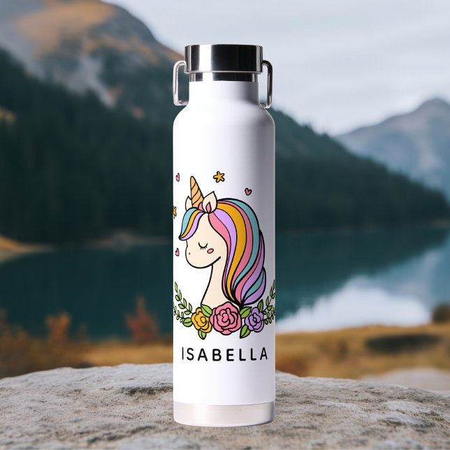 Unicorn Cute Whimsical Girly Personalised Name Water Bottle (Creator Uploaded)