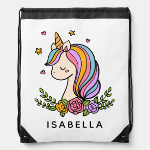 Unicorn Cute Whimsical Girly Personalized Name Drawstring Bag