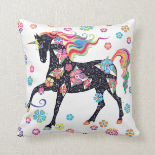 Unicorn Dark Blue Rainbow Flowers Cushion